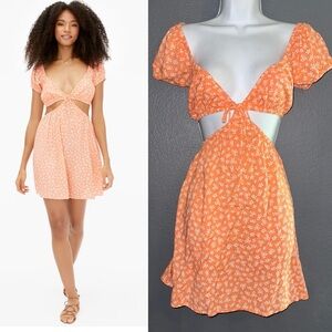 Aeropostale Floral V-Neck Cutout A-Line Mini Orange & White Dress Womens Medium